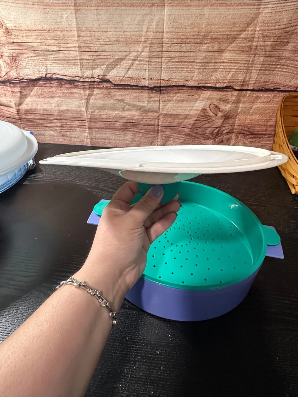 Tupperware Microwave Steamer Set 3-Piece Plastic Blue/White/Green 11 in w/ Lid